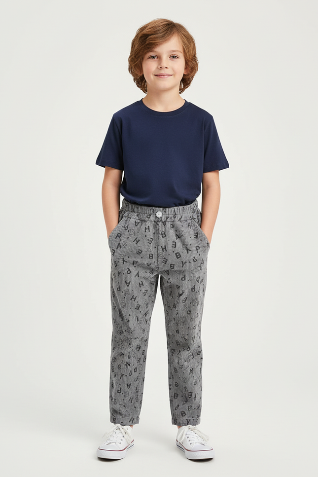 Pantalon Chino Gris Côtelé Imprimé Lettres Enfant - Cordé
