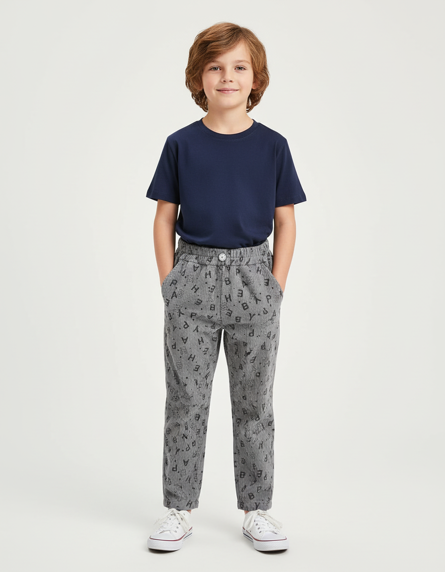 Pantalon Chino Gris Côtelé Imprimé Lettres Enfant - Cordé