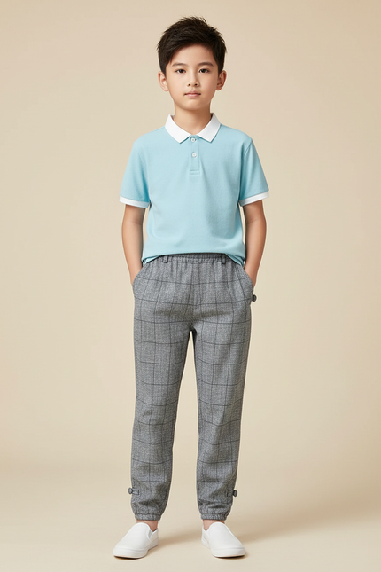 Pantalon Chino Carreaux Gris Enfant Confortable Tendance - Tweed