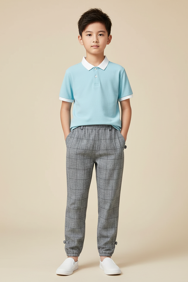 Pantalon Chino Carreaux Gris Enfant Confortable Tendance - Tweed