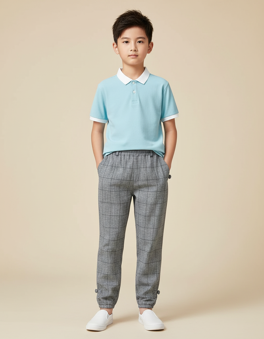 Pantalon Chino Carreaux Gris Enfant Confortable Tendance - Tweed