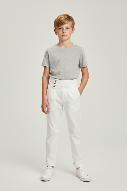 Pantalon Chino Blanc Taille Haute Boutons Dorés Élégant - Gabardine