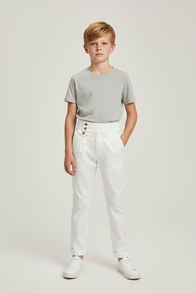Pantalon Chino Blanc Taille Haute Boutons Dorés Élégant - Gabardine