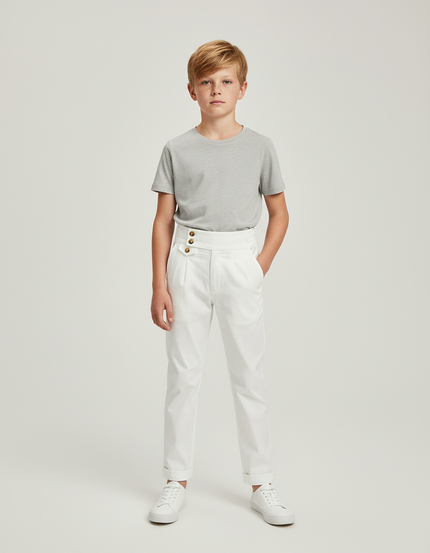 Pantalon Chino Blanc Taille Haute Boutons Dorés Élégant - Gabardine