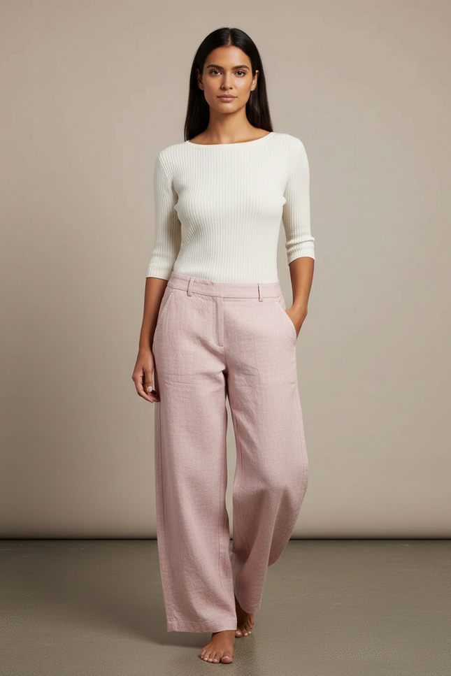Pantalon Chino Rose Ample Lin Droit Décontracté Femme