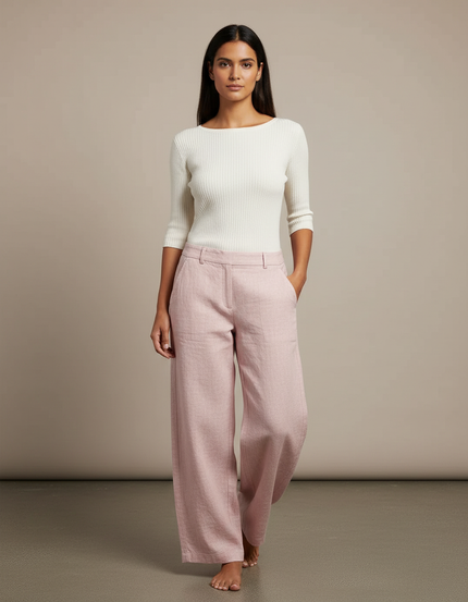 Pantalon Chino Rose Ample Lin Droit Décontracté Femme