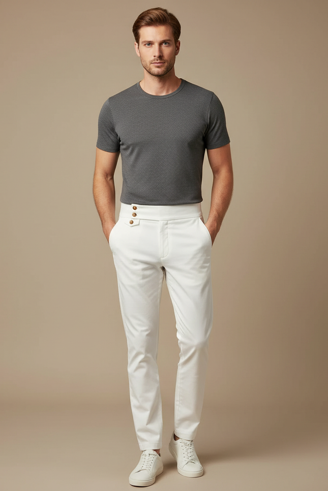 Pantalon Chino Blanc Taille Haute Boutons Décontracté Slim Homme - Gabardine