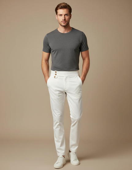 Pantalon Chino Blanc Taille Haute Boutons Décontracté Slim Homme - Gabardine