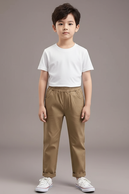 Pantalon Chino Kaki Décontracté Élastique Coton Enfant
