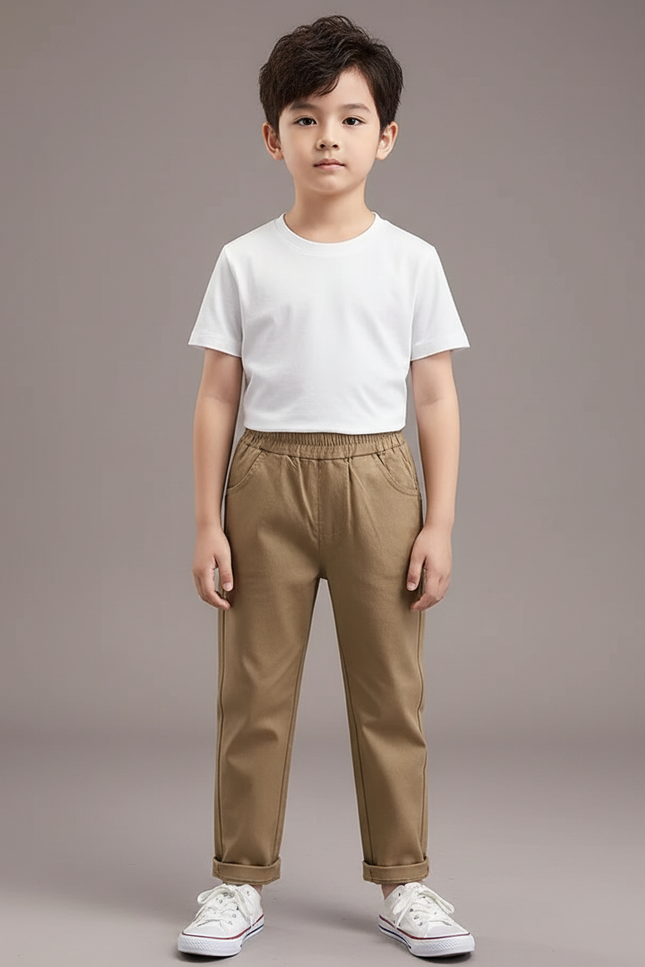 Pantalon Chino Kaki Décontracté Élastique Coton Enfant