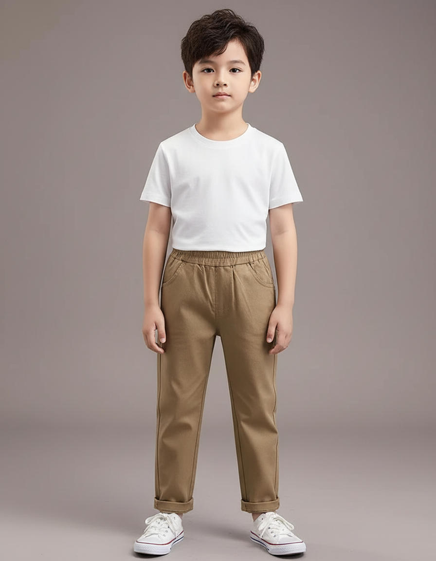 Pantalon Chino Kaki Décontracté Élastique Coton Enfant
