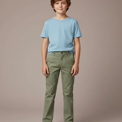 Pantalon Chino Vert Olive Coton Droit Enfant Garçon - Kaki