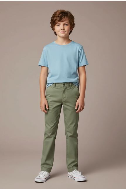 Pantalon Chino Vert Olive Coton Droit Enfant Garçon - Kaki