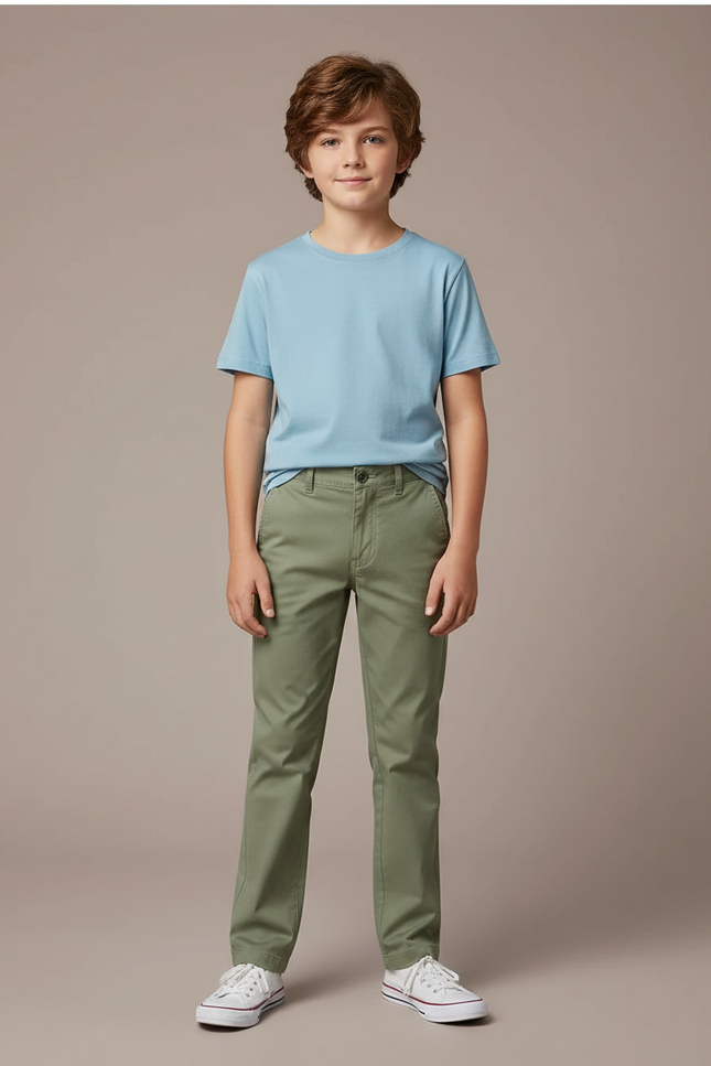 Pantalon Chino Vert Olive Coton Droit Enfant Garçon - Kaki