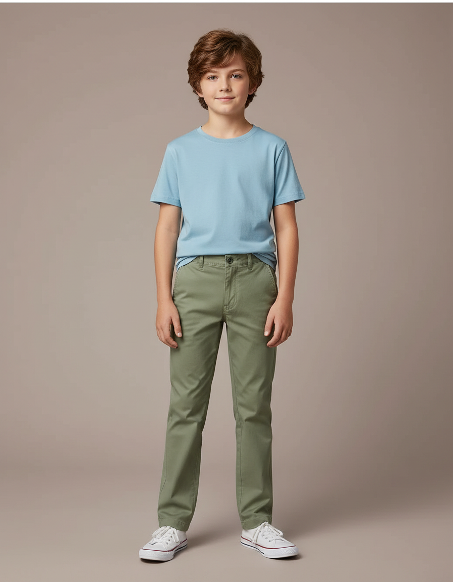 Pantalon Chino Vert Olive Coton Droit Enfant Garçon - Kaki