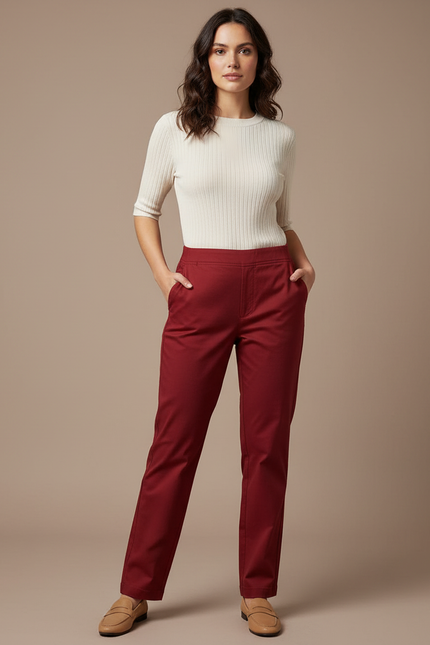 Pantalon Chino Rouge Brique Coupe Droite Femme Élégant - Bordeaux Gabardine