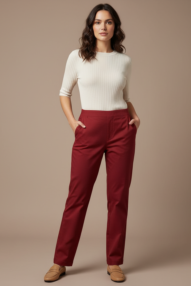 Pantalon Chino Rouge Brique Coupe Droite Femme Élégant - Bordeaux Gabardine
