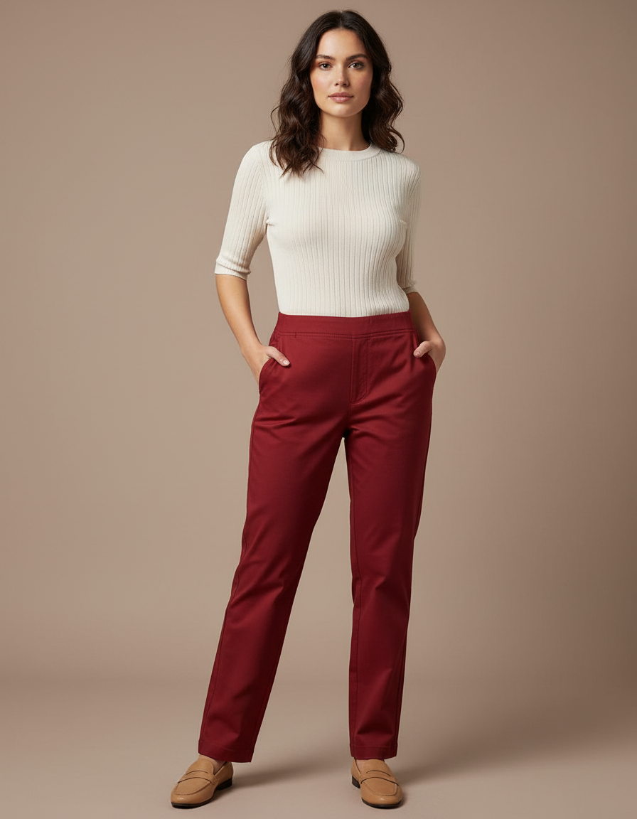 Pantalon Chino Rouge Brique Coupe Droite Femme Élégant - Bordeaux Gabardine