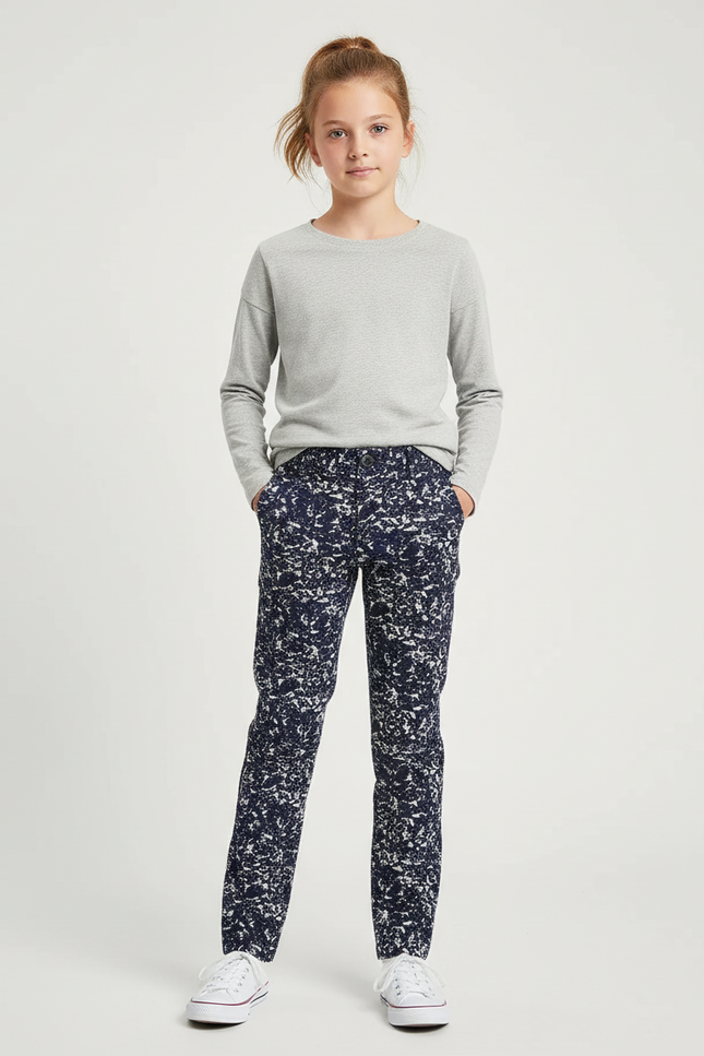 Pantalon Chino Bleu Marine Imprimé Élastique Slim Fille - Coton