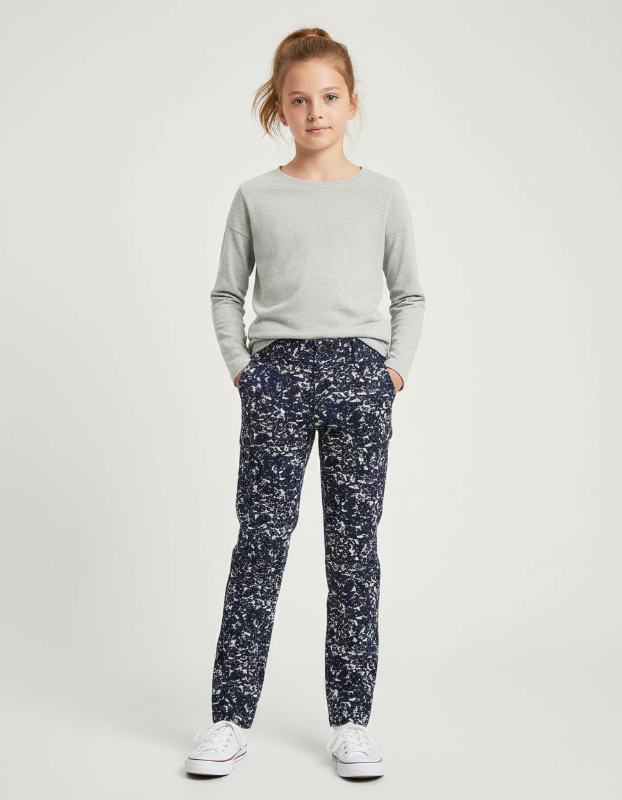 Pantalon Chino Bleu Marine Imprimé Élastique Slim Fille - Coton