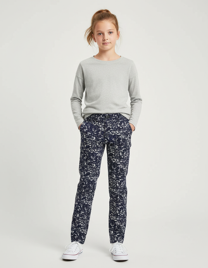 Pantalon Chino Bleu Marine Imprimé Élastique Slim Fille - Coton
