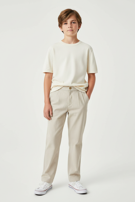 Pantalon Chino Beige Plissé Décontracté Homme Coton