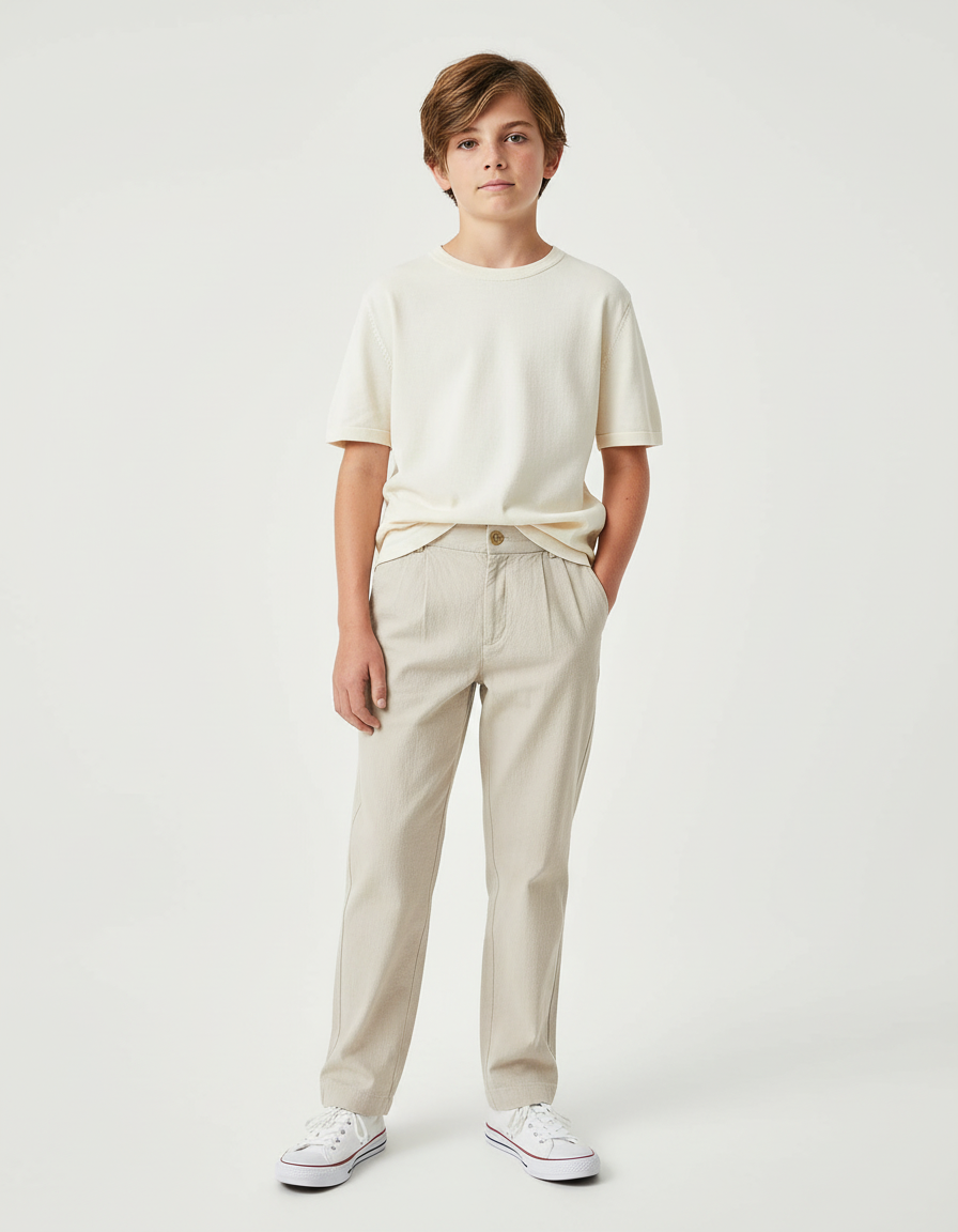 Pantalon Chino Beige Plissé Décontracté Homme Coton
