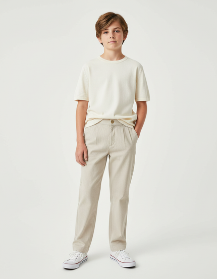 Pantalon Chino Beige Plissé Décontracté Homme Coton