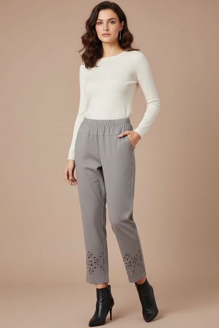 Pantalon Chino Gris Brodé Cheville Décontracté Femme - Coton