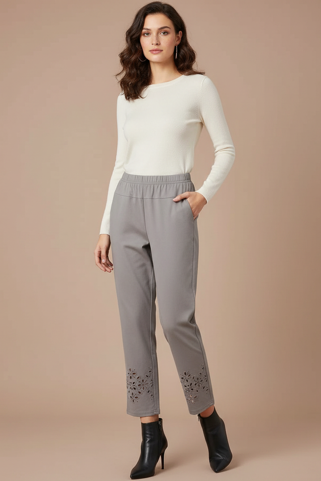 Pantalon Chino Gris Brodé Cheville Décontracté Femme - Coton