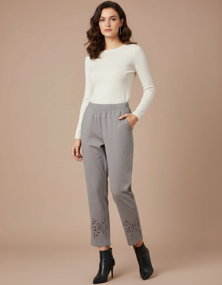 Pantalon Chino Gris Brodé Cheville Décontracté Femme - Coton