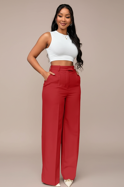 Pantalon Chino Rouge Taille Haute Droit Ample Élégant - Polyester
