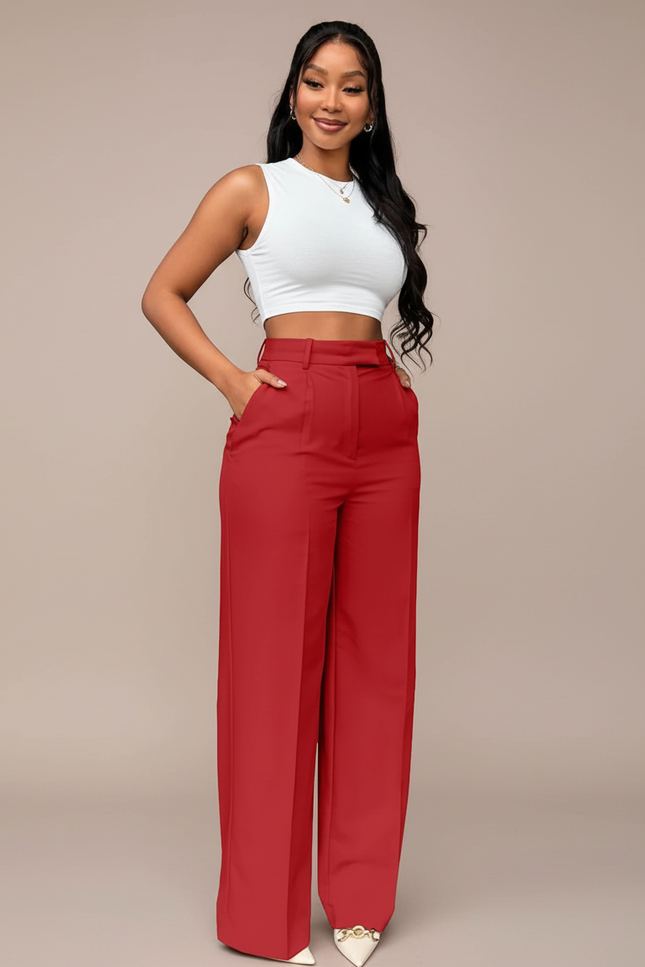 Pantalon Chino Rouge Taille Haute Droit Ample Élégant - Polyester
