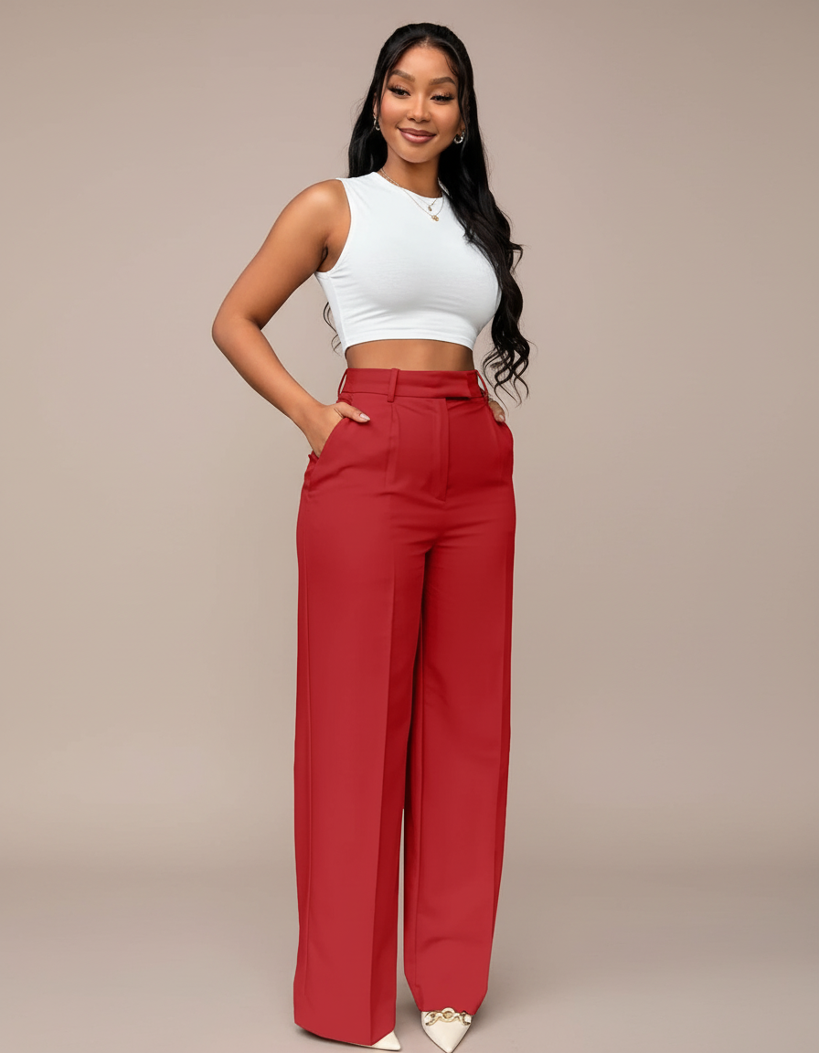 Pantalon Chino Rouge Taille Haute Droit Ample Élégant - Polyester
