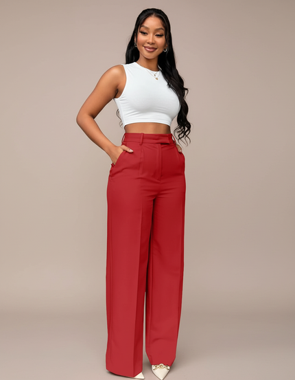 Pantalon Chino Rouge Taille Haute Droit Ample Élégant - Polyester