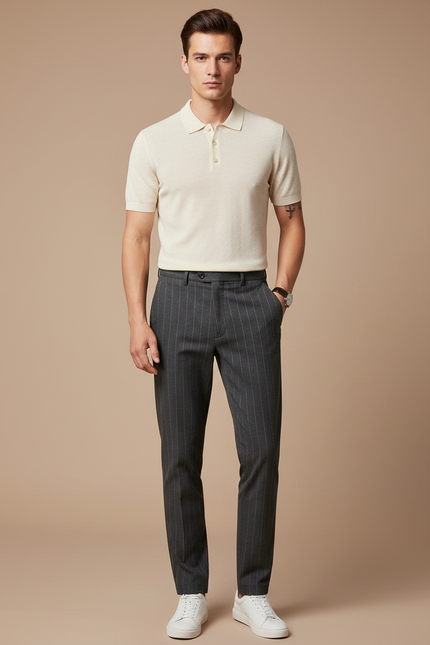 Pantalon Chino Gris Rayé Élégant Slim Homme - Laine
