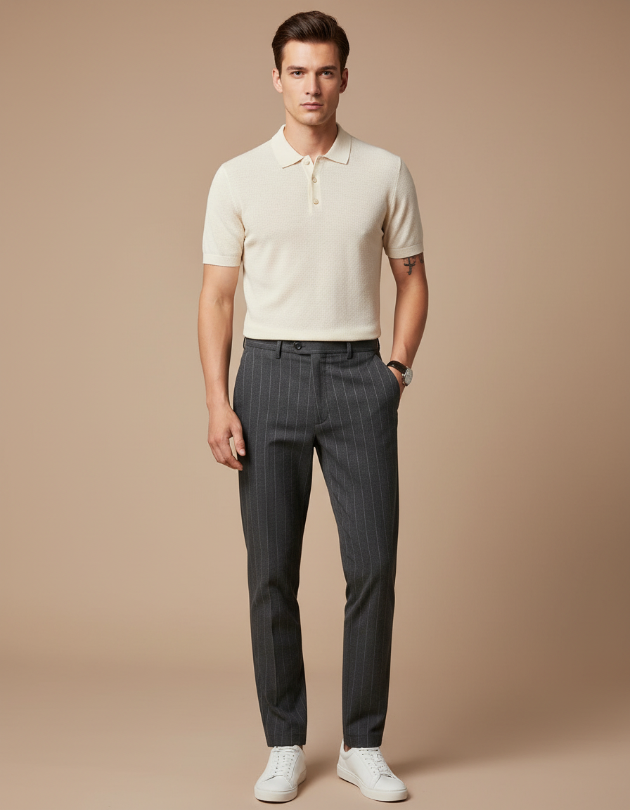 Pantalon Chino Gris Rayé Élégant Slim Homme - Laine