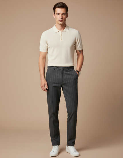 Pantalon Chino Gris Rayé Élégant Slim Homme - Laine