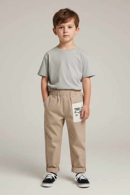 Pantalon Chino Beige Ample Coton Enfant Décontracté Patch - Gabardine