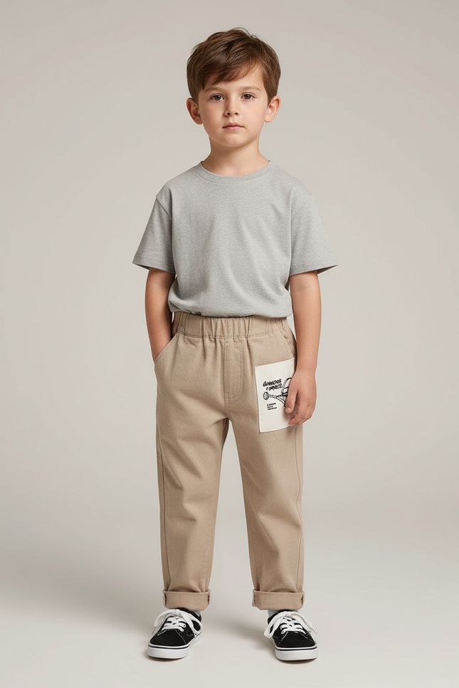 Pantalon Chino Beige Ample Coton Enfant Décontracté Patch - Gabardine