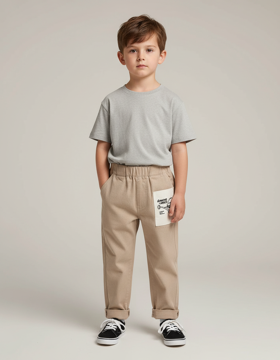 Pantalon Chino Beige Ample Coton Enfant Décontracté Patch - Gabardine