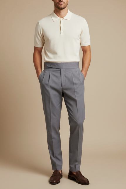 Pantalon Chino Gris Plissé Élégant Homme - Gabardine