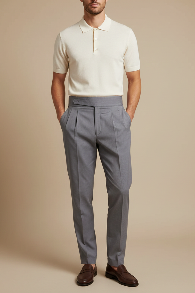 Pantalon Chino Gris Plissé Élégant Homme - Gabardine