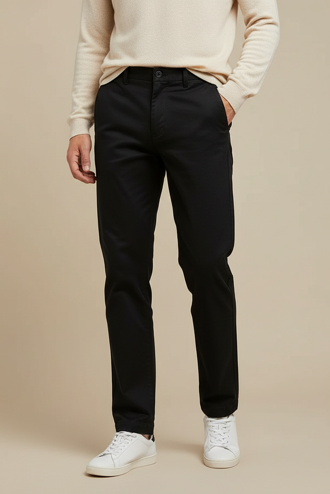 Pantalon Chino Noir Coton Fuselé Confortable Élégant Homme