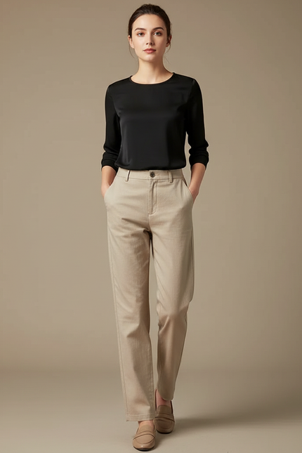 Pantalon Chino Femme Beige Droit - Gabardine