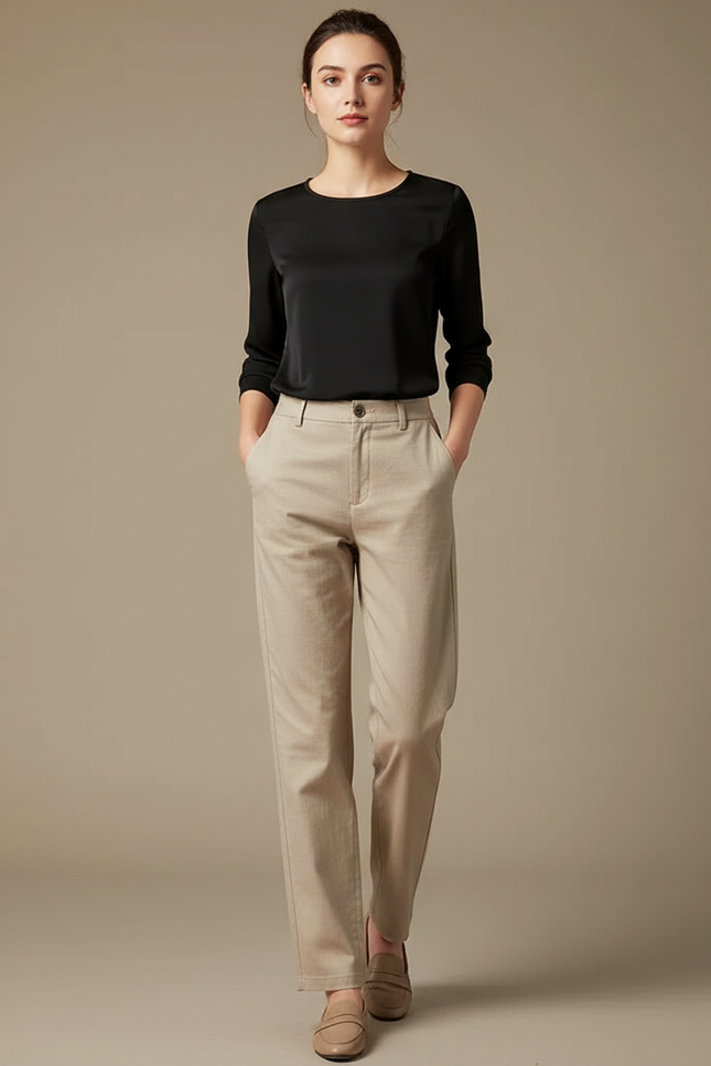 Pantalon Chino Femme Beige Droit - Gabardine