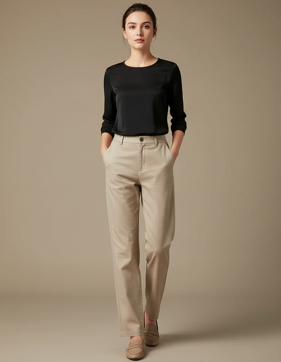 Pantalon Chino Femme Beige Droit - Gabardine
