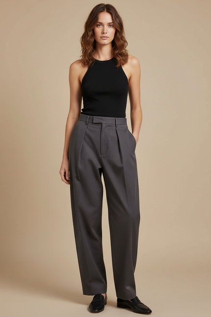 Pantalon Chino Gris Plissé Ample Femme Élégant - Gabardine