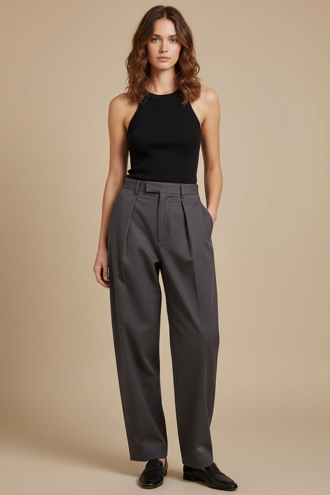 Pantalon Chino Gris Plissé Ample Femme Élégant - Gabardine