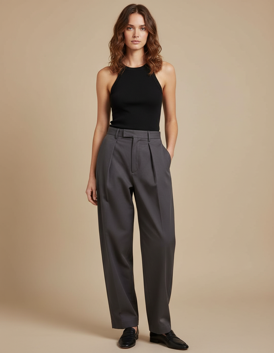 Pantalon Chino Gris Plissé Ample Femme Élégant - Gabardine